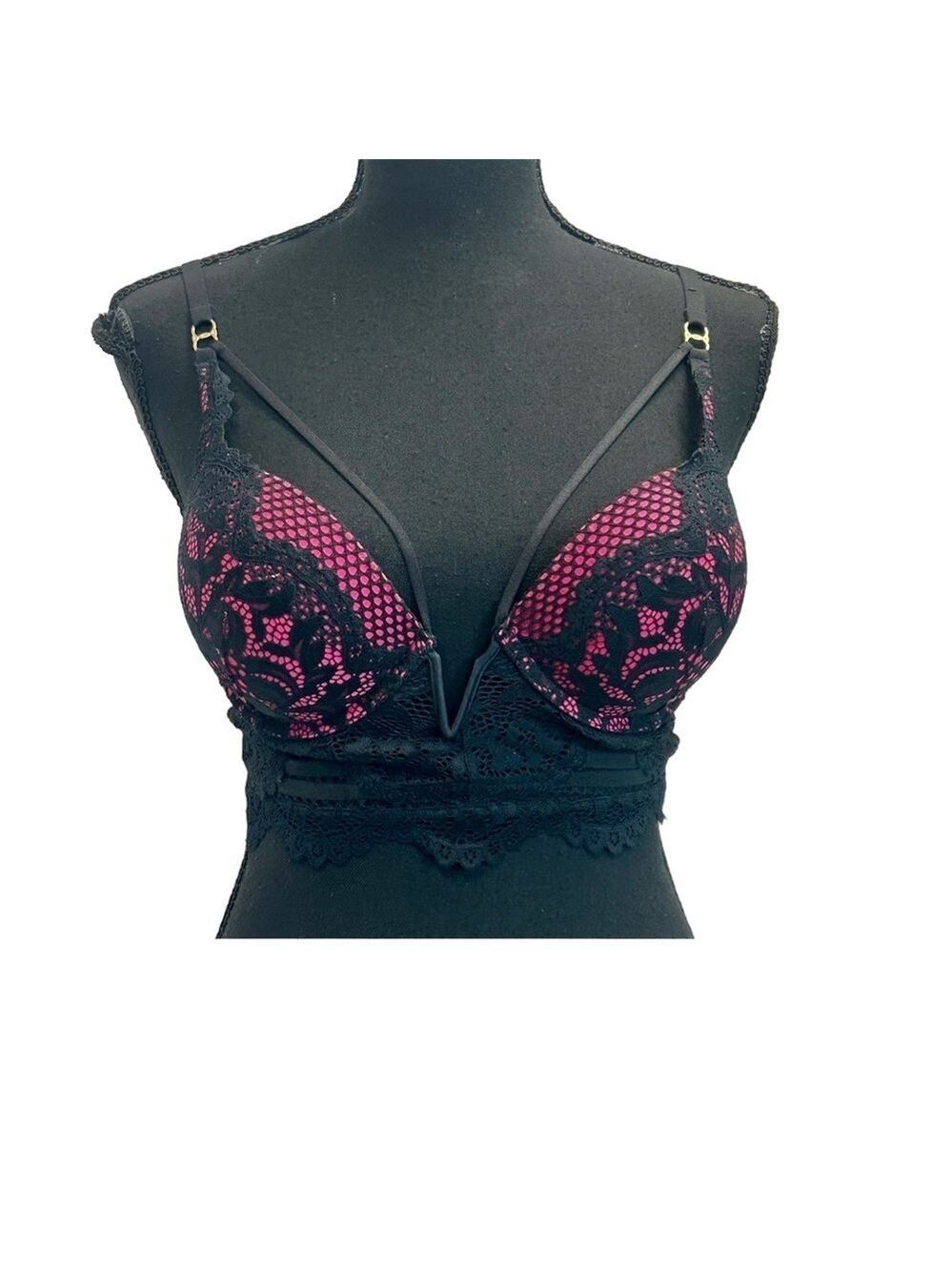 LA Senza Hello Sugar pink black lace plunge bra Sz 32C padded NWOT